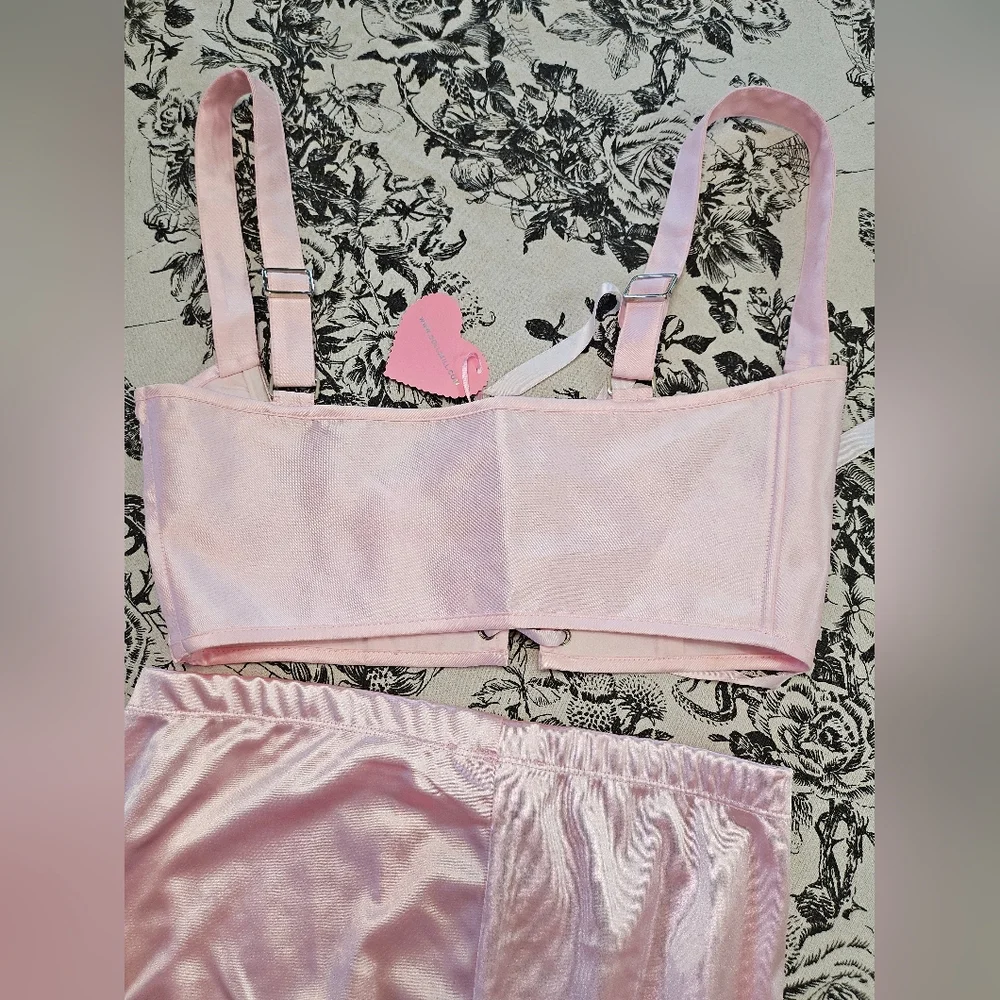 Dolls Kill Sugar Thrillz Pink Satin Underbust & Biker Shorts +Extra Mesh Flower - Picture 7 of 12